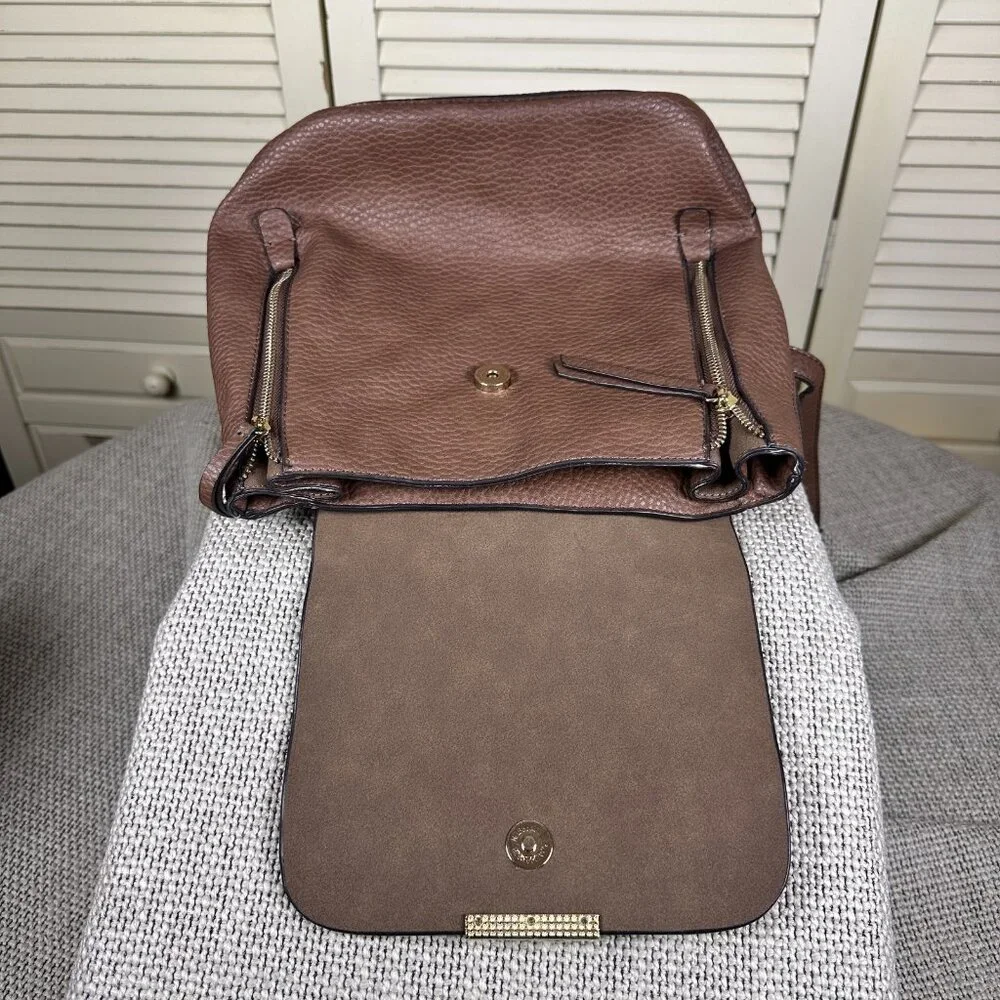 Justfab Cognac Brown Vegan Leather Backpack Bucket Travel Bag Expandable Medium‎